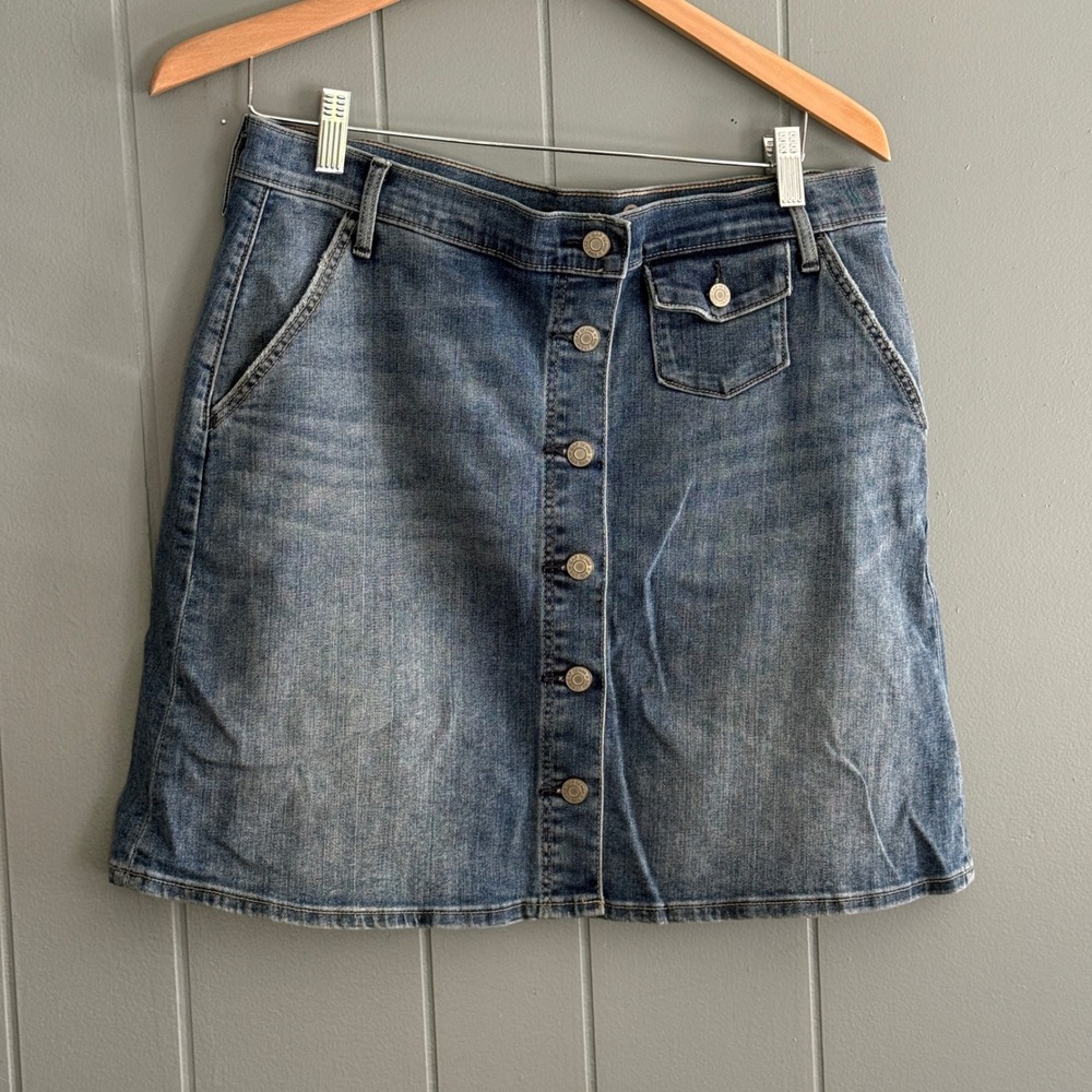 Gap 1969 Women Blue Denim Button Front Mini Skirt Size 31 Stretch Cotton